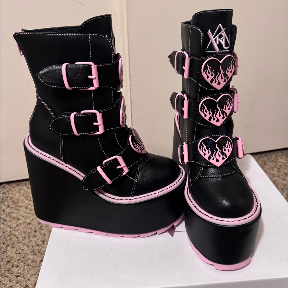 Black and Pink Platform Boots with Heart Buckles